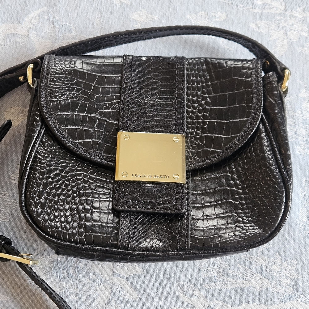 Franco Sarto Croc Crossbody Black with Goldtone Accents